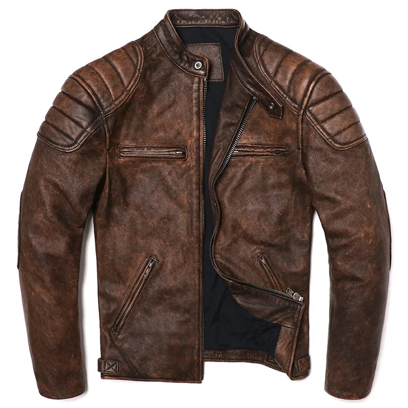 2025 Vintage Brown Genuine Leather Jacket Real Natural Cowhide Men Motorcycle Biker Coat Mens Slim Calf Skin Coat