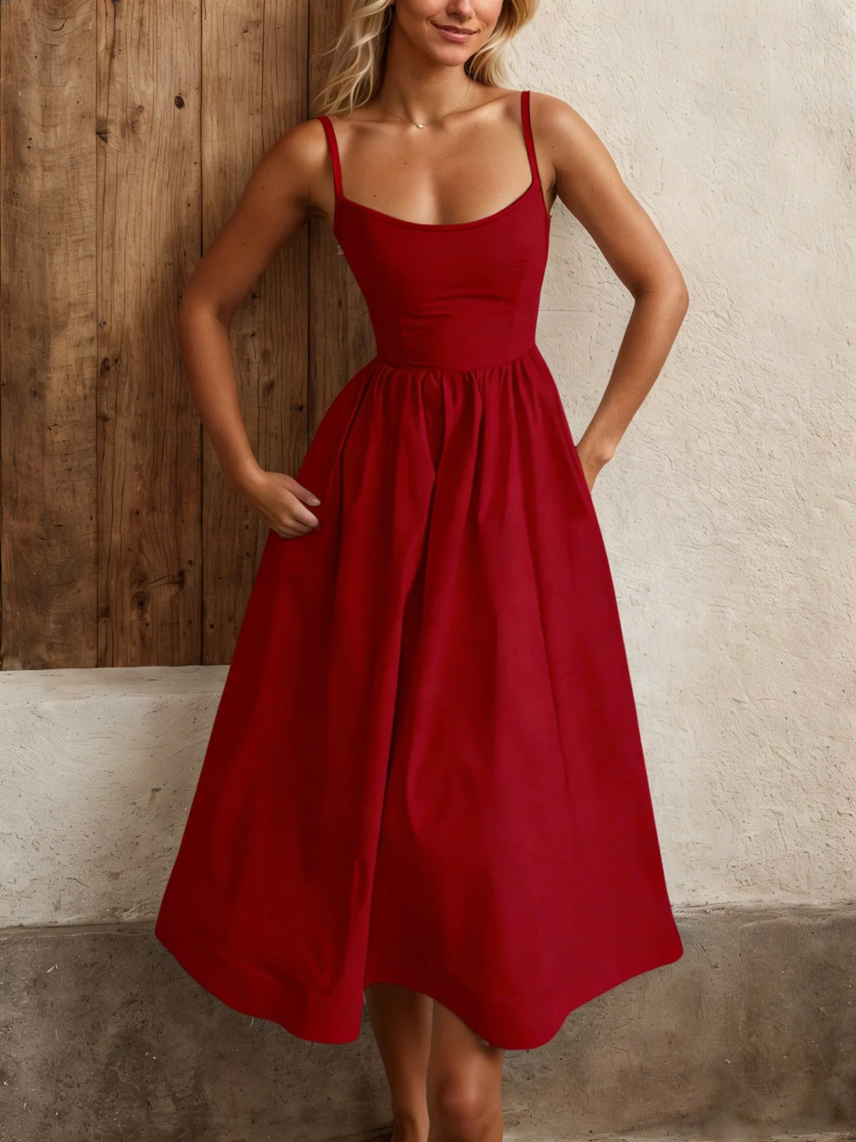 Elegant Solid Color Cami Dress Summer Fashion New Sweet Women Scoop Neck Spaghetti Strap High Waist Pleated A-Line Sundress