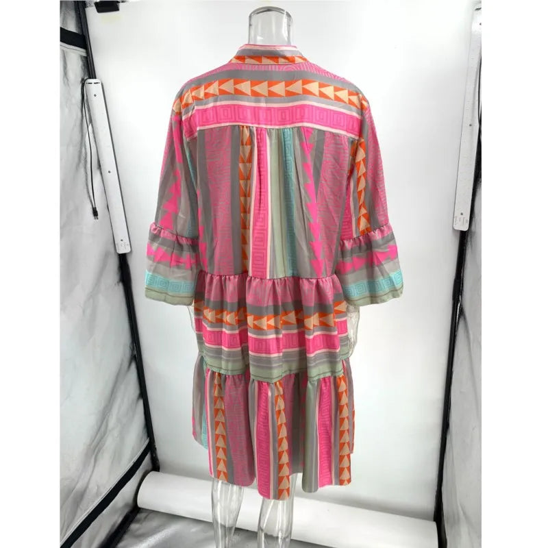 Women's Cotton and Linen Mini Dress Casual Loose Print V-neck Seven Quarter Sleeve Dresses For Women