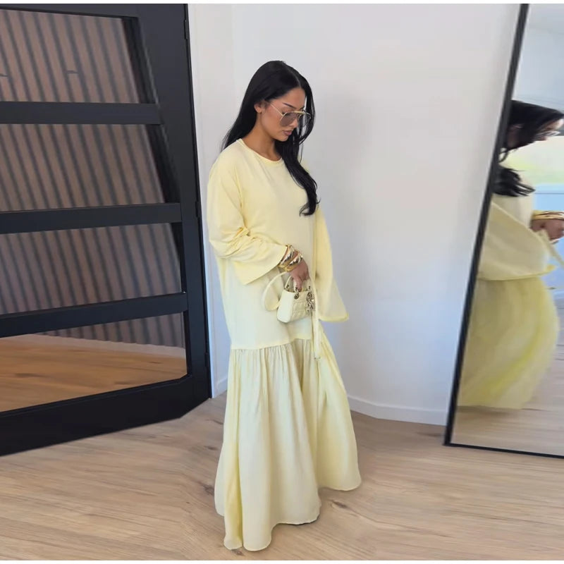 Solid Color Loose Fit Flare Sleeve Tiered Dress Crew Neck Ruffle Hem Pleated Long Maxi Dresses 2026 Spring Chic Casual Outwear