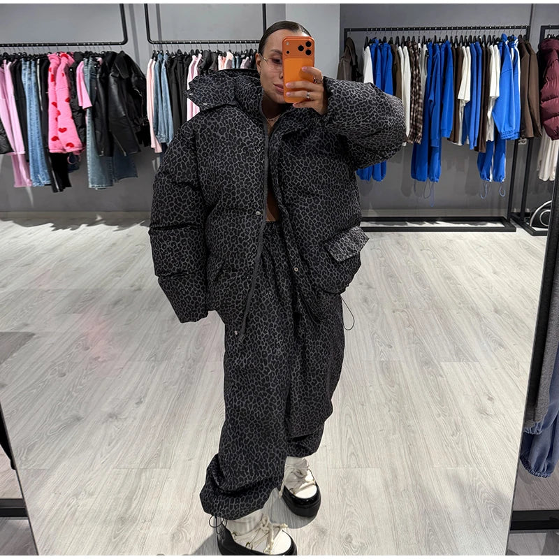 Leopard Print Women's Winter Down Jacket Pant Set Hooded Full Sleeve Zipper Jacket Elastic Waist Pants 2026 Warm Padded Coat Set
