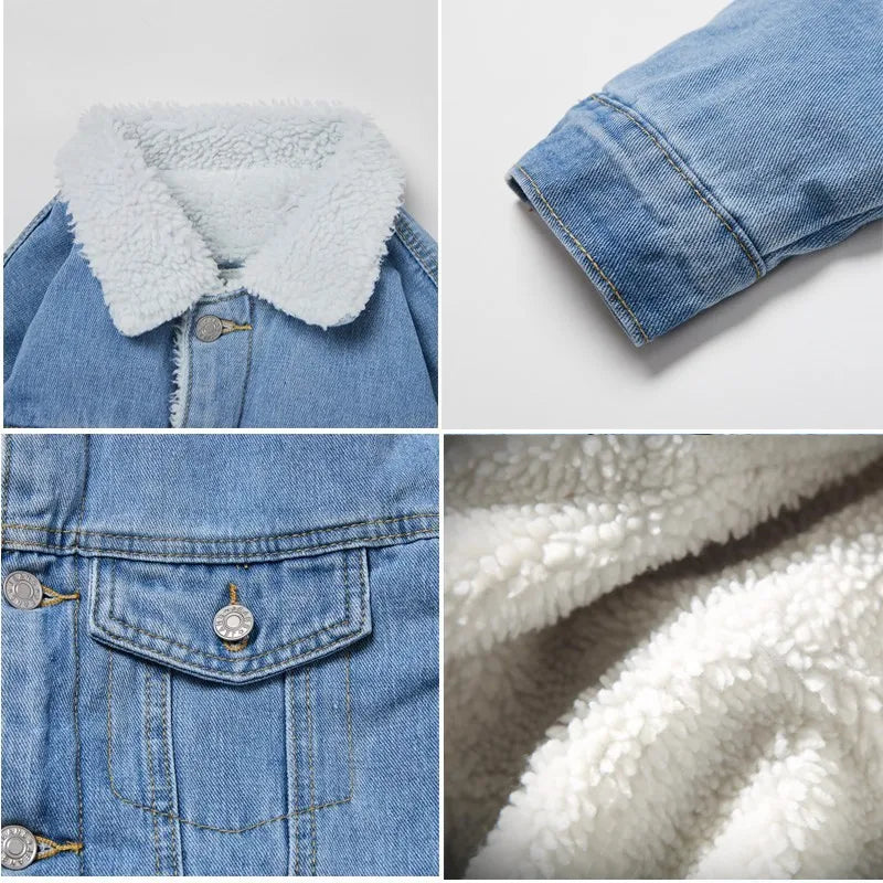 Thickened Fleece Winter Jacket for Men Youth Casual Style Long Sleeve Denim Coat with Stand Collar Button Closure Slim Fit