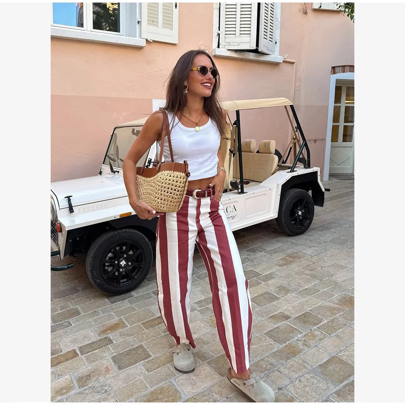 Women‘s Colorful Striped Pant New Summer Straight Multicolor Wide Leg Long Pants Casual Fashion Streetwear Female Outfit 2026