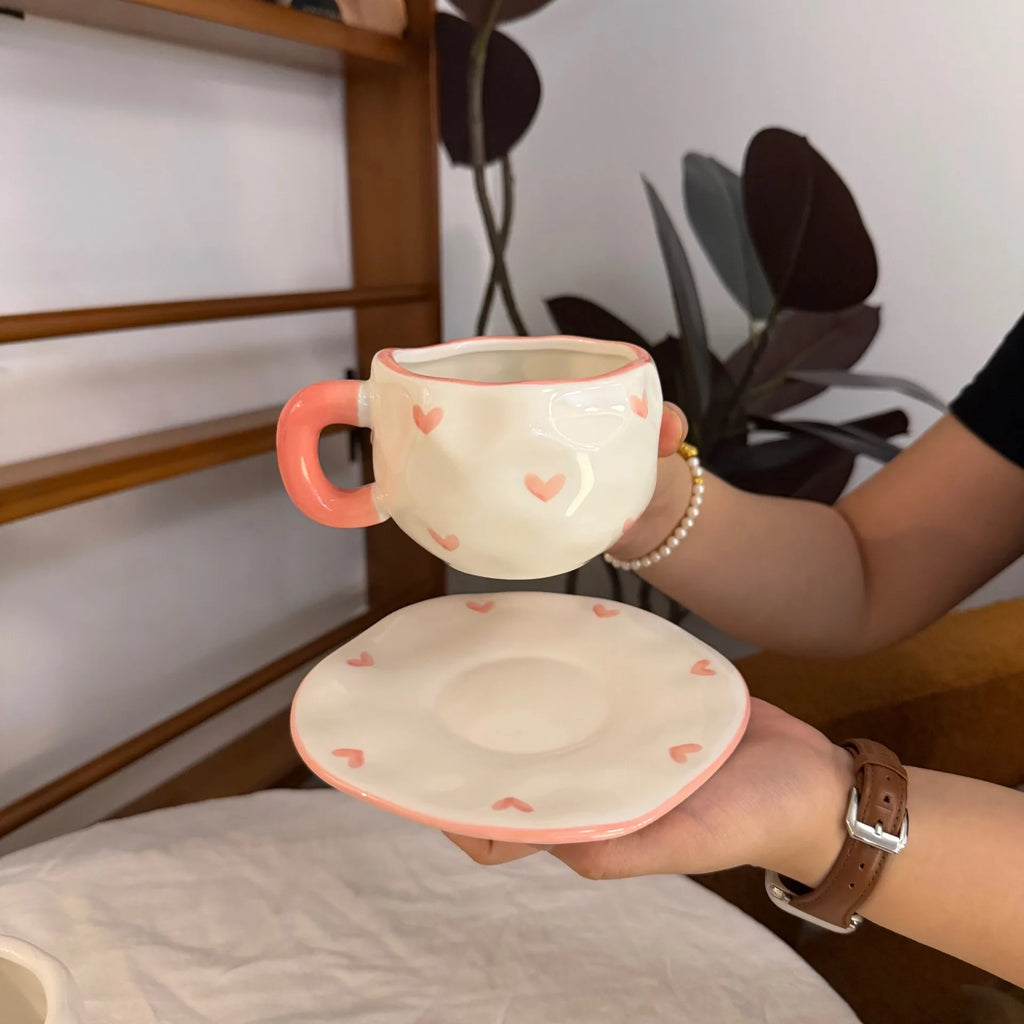 ins style retro flower ceramic cups and saucers, hand-squeezed irregular coffee cups and saucers, afternoon tea cups and saucers