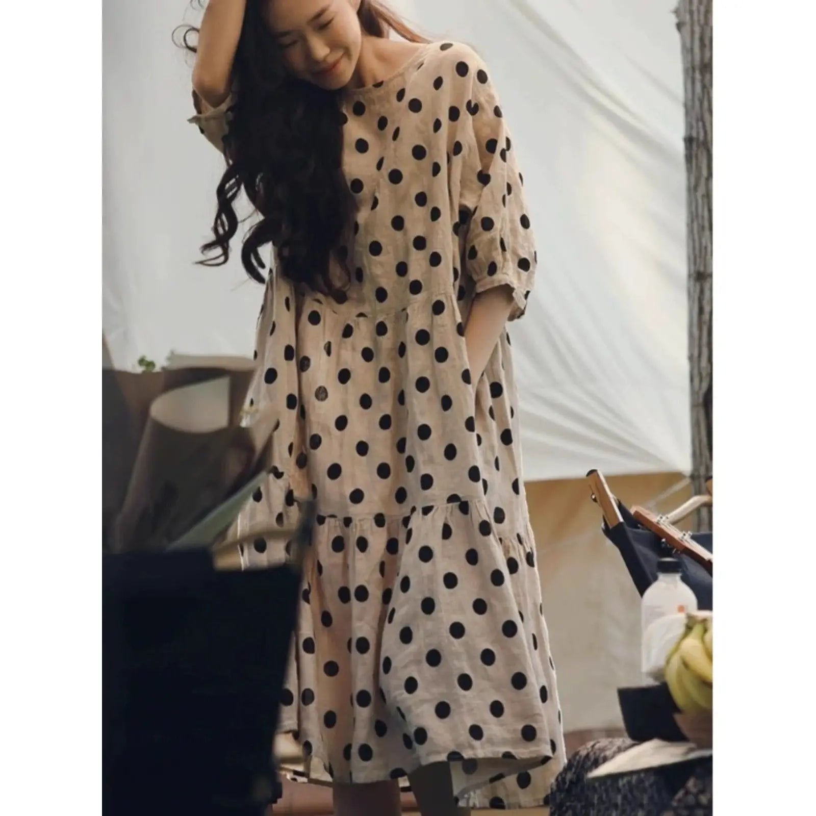 Fashion Retro Cotton and Linen Polka Dot Dress for Women Loose Slim Puff Sleeve Linen Doll Skirt