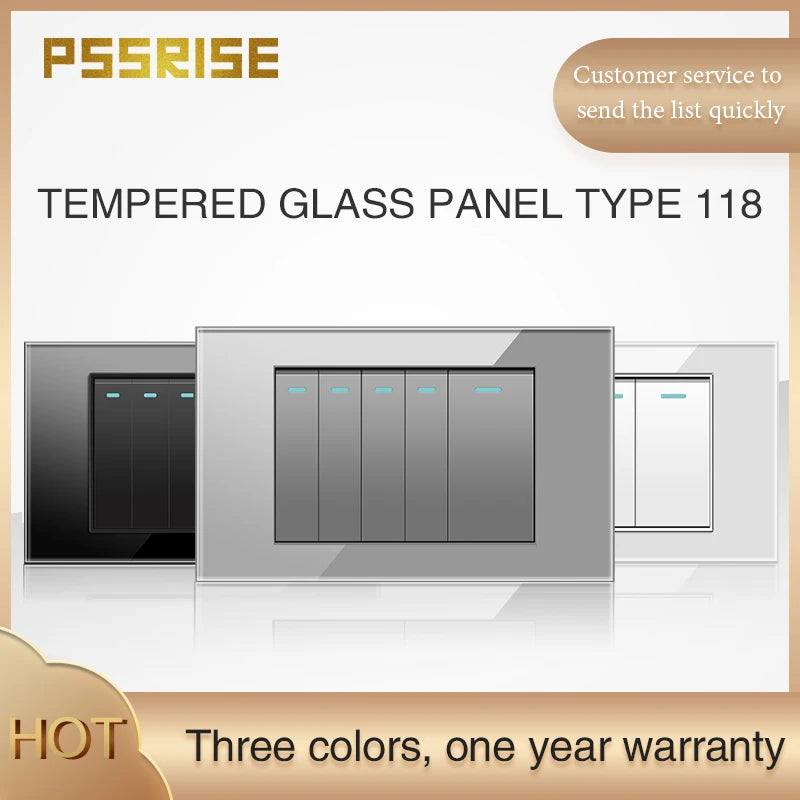 PSSRISE AU EU Brazil Italy US Standard 1/2/3/4/5/6 Gang 2 Way Wall light switch Tempered glass Panel Switch 118*74mm AC110-250V