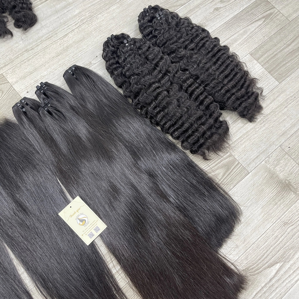 Premium Raw Vietnamese Human Hair Natural Straight Double Drawn Burmese Curly Weft Extensions