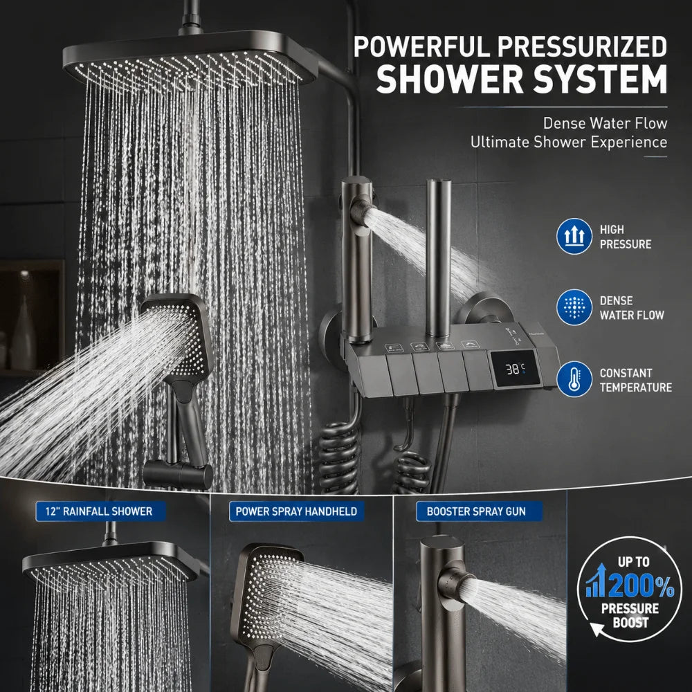 Grey Shower System Intelligent High Pressure Digital Shower Faucet Set Piano Button Temperature Display Rainfall Shower Set