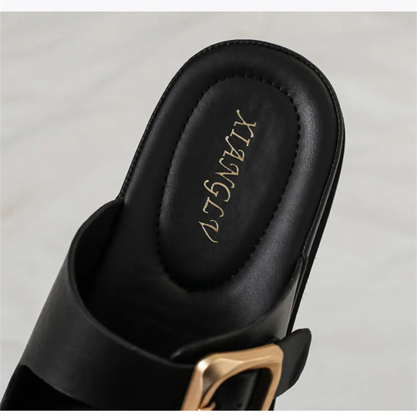 Casual Slippers Women PU Leather Open Toe Double Buckle Flat Summer Outdoors Non-Slip Soft Soles Slip On Beach Footwear Slippers