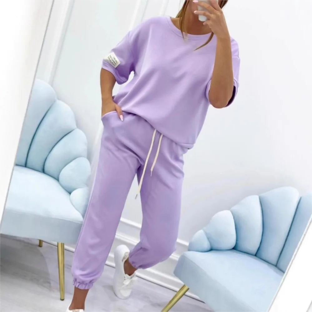 Fashion O Neck Short Sleeve Solid Color T-shirt Women Trousers 2-piece Set Summer Casual Sports Elastic Small Feet Trousers Suit