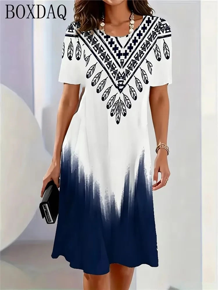 Retro Elegant Women's Summer Short-Sleeved O-Neck Casual Loose A-Line Dress 3D Digital Gradient Print New Dress