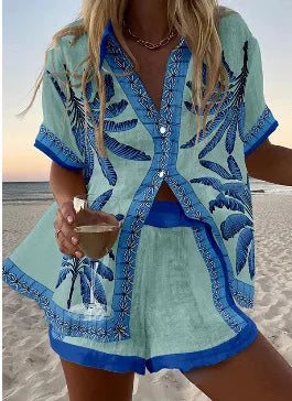 Fashion Print Beach Holiday Set For Women Summer New Short Sleeve Buttoned Shirt Wide Legs Shorts Oversized Two Piece Set