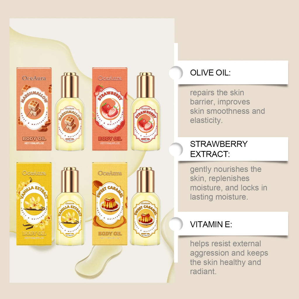 OceAura Strawberry Body Oil Vanilla Sweet Caramel Perfume Moisturizing Skin Barrier Repair Nourish Marshmallow Body Massage Oil