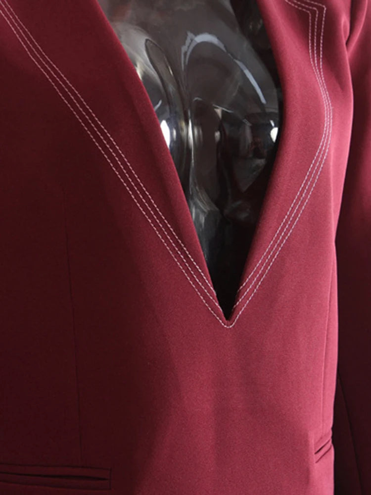 [EAM] Women Wine Red Topstitched Big Size Elegant Blazer New V-neck Long Sleeve Jacket Fashion Tide Spring Autumn 2026 1DH7919