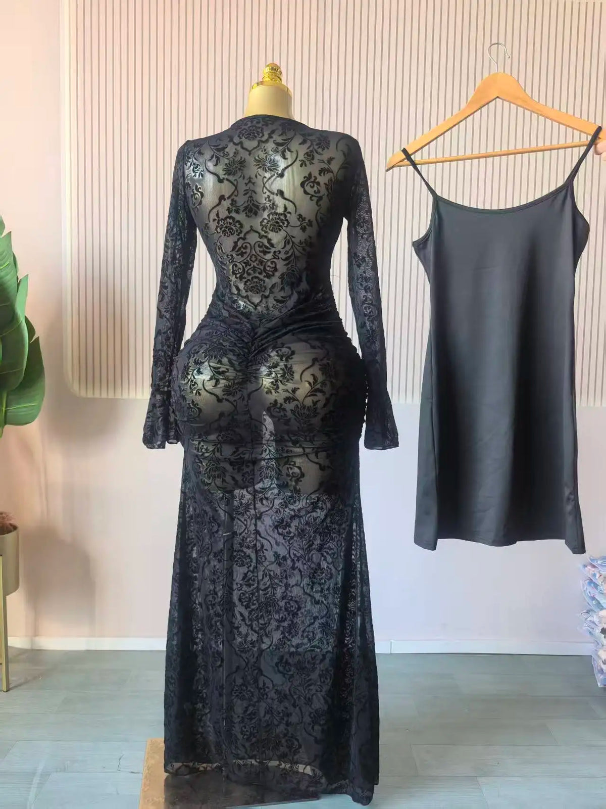 CM.YAYA Women Long Sleeve Ruched Mesh See Though with Lining Bodycon Long Dress 2025 Fall Evening Birthday Sexy Party Dresses