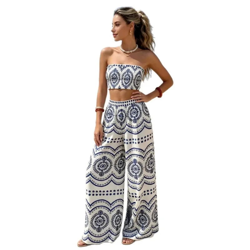 New Bohemian Vacation Plant Print Bandeau Wide Leg Pants, Fashion Two Piece Outfit
