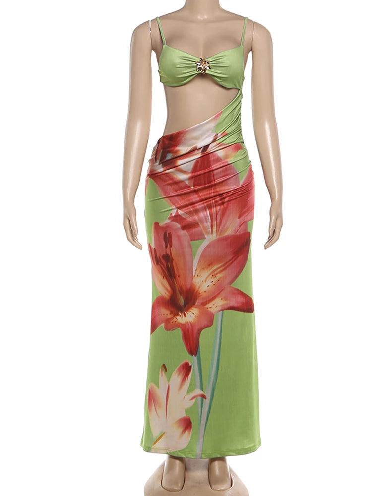 Nibber Elegant Vacation Long Dress Woman Metal Decoration Floral Print Low-Neck Hollow Navel Exposed Design Beach Style Vestidos