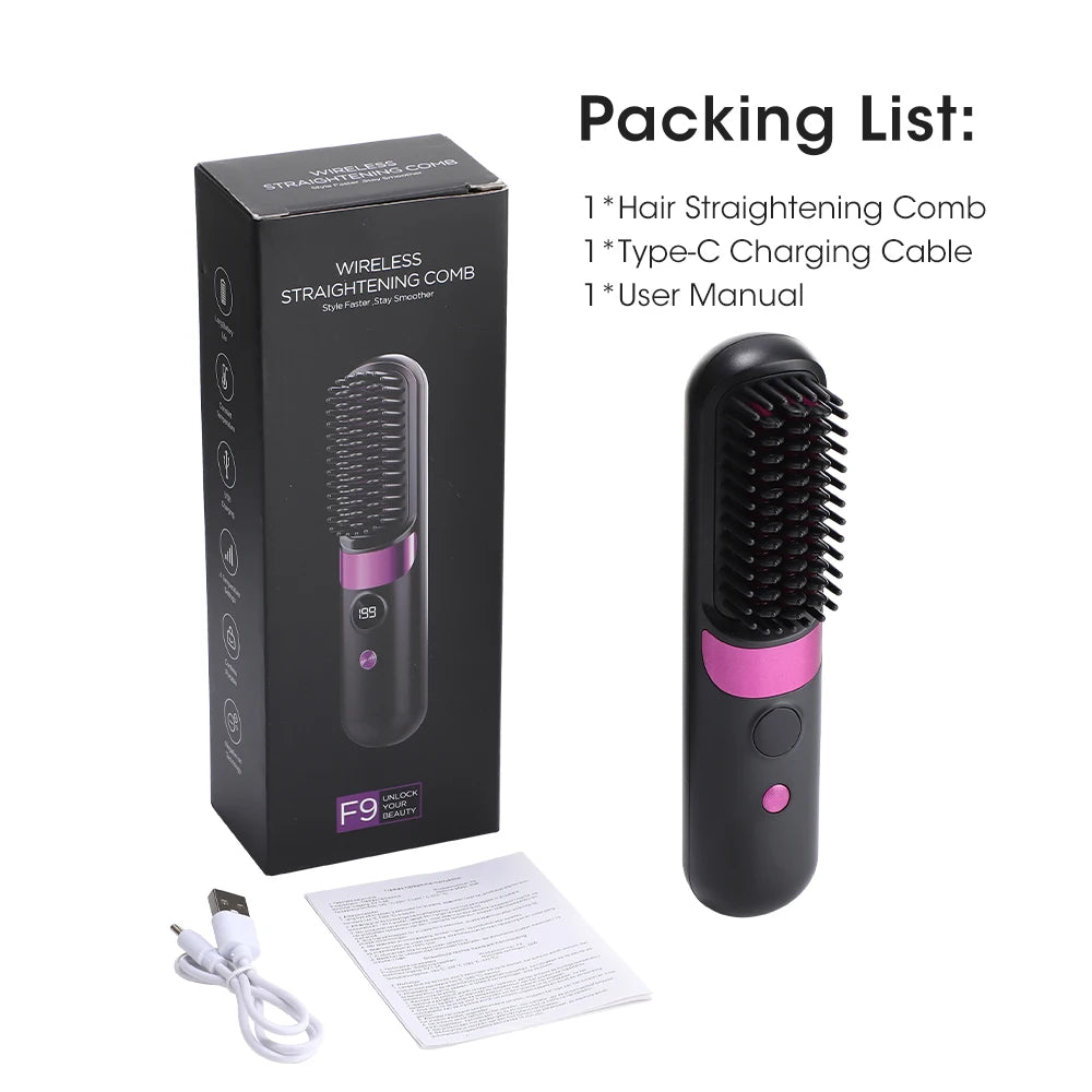 Portable Hair Straightener Brush 4 Temp Setting Cordless Straightening Comb LED Display Ceramic Coating Ionic Technology Styling