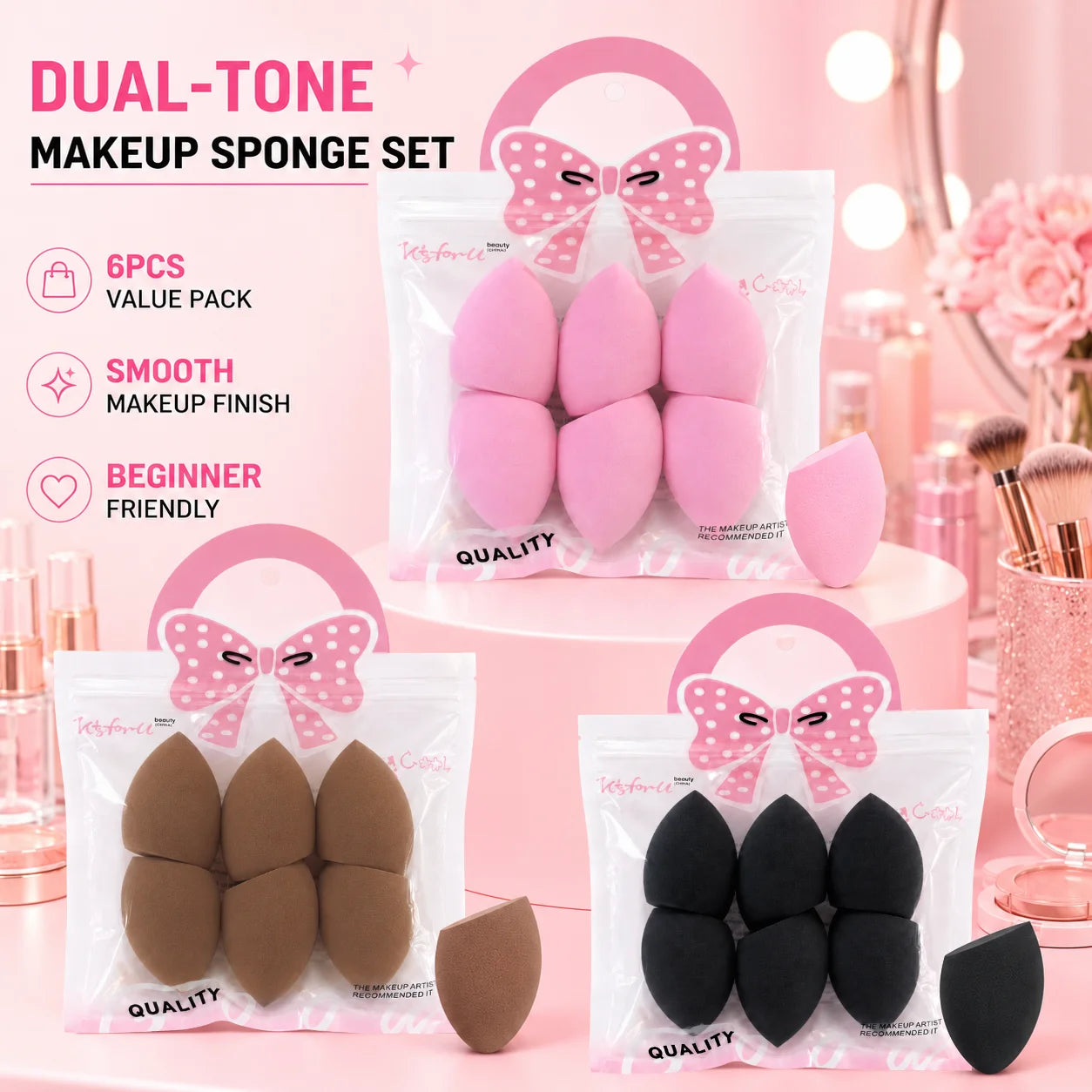6 Beauty Egg Sets, Easily Smudge the Foundation and conceal the Blemishes, and Evenly Apply Makeup on the Curved Section.