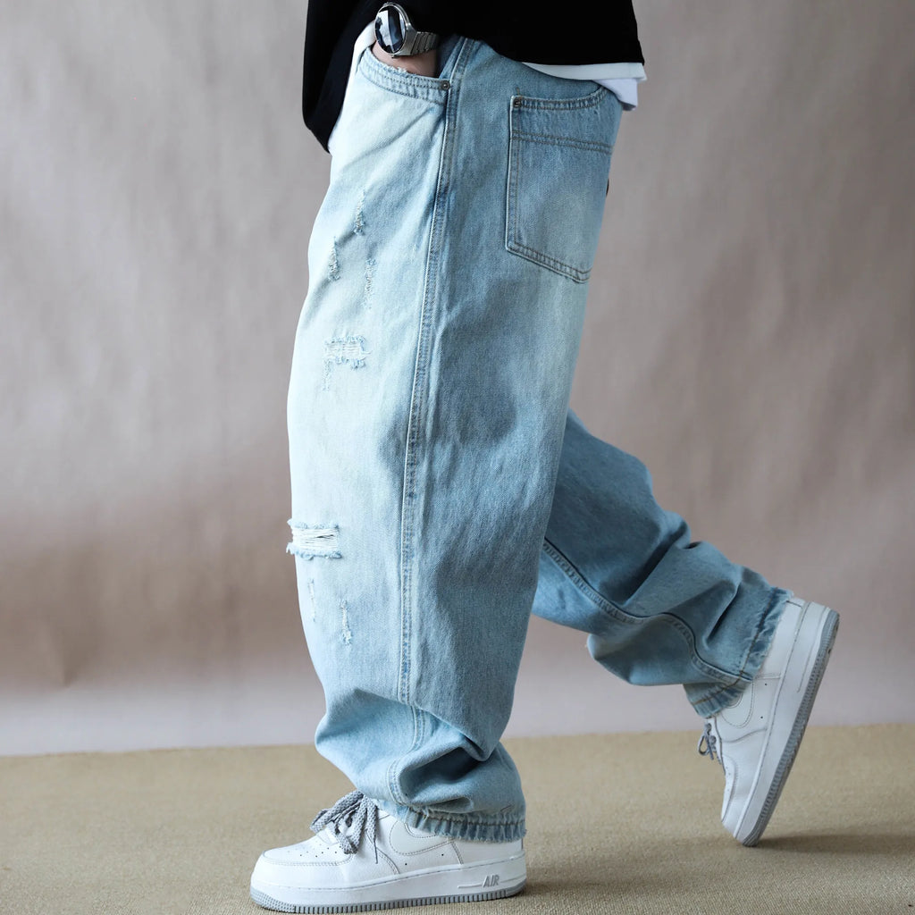 Mens Jeans American Vintage Light Blue Washed Distressed Ripped Patch Baggy Loose Curved Tapered Denim Pants Streetwear Hip Hop
