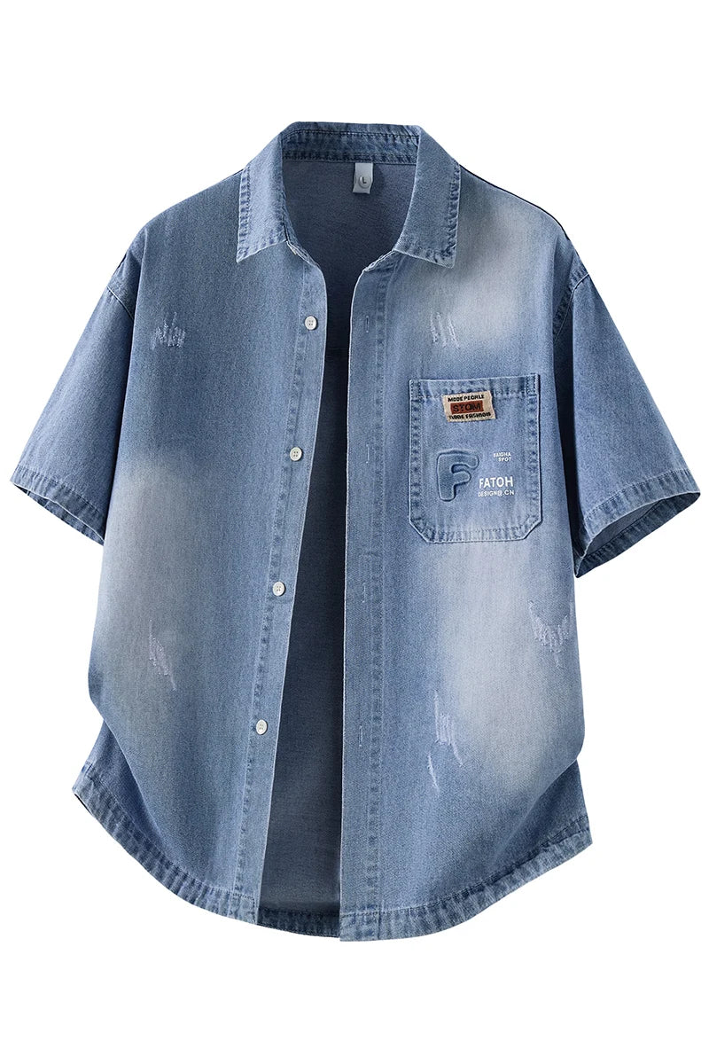 Men's Denim Shirt Summer Fashion Breathable Cotton Blend Short Sleeve Shirt Street Trendy Daily Outing Comfortable Jean Shirt