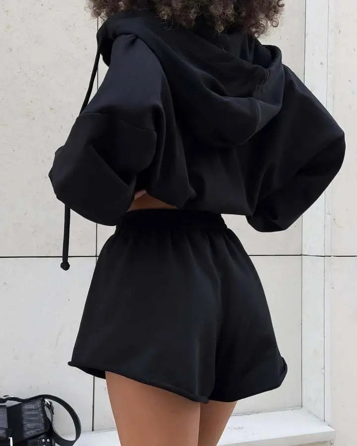 Women's Outfit Long-Sleeve Hooded Drawstring Sweatshirt Shorts Set Two-Piece Sets Sports Suit Sportswear Streetwear Trendy