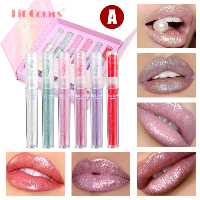 Pearlized Diamond Lip Oil Gloss Set 6 Shades Waterproof Moisturizing High Shine Lipgloss Luxe Gift Box for Women
