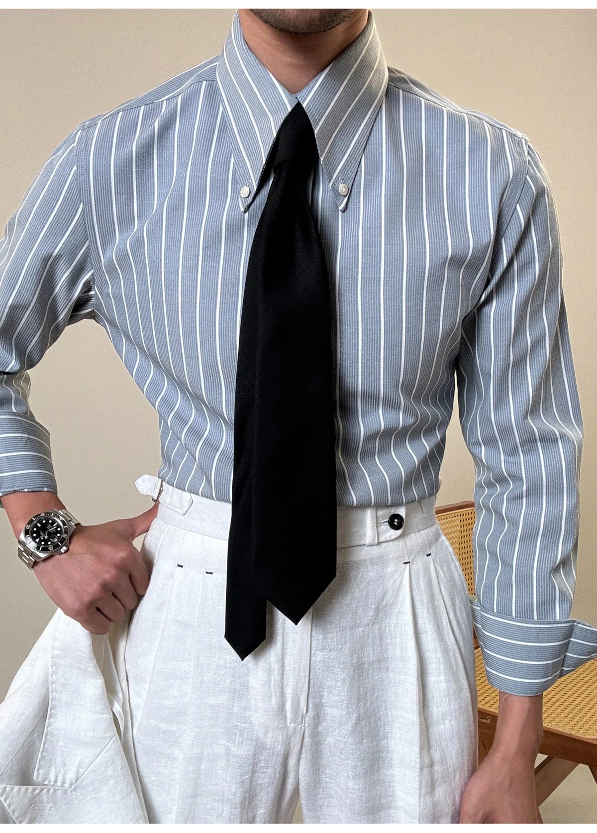 Anti-wrinkle Tianshan Cotton Italian Long Point Collar White Striped Shirt Men's Long Sleeve Casual Business Shirt