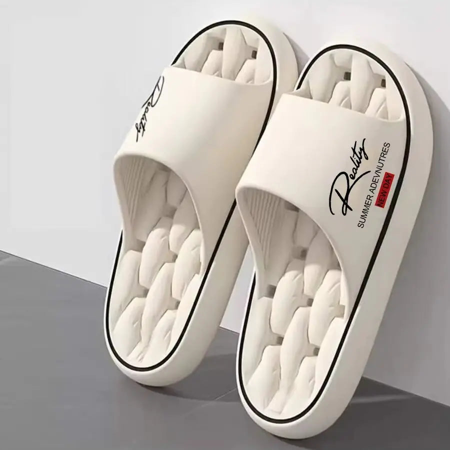 Unisex Ins-Style Reality Print Sandals with Thick Soles, Hollow Design, Quick-Drying, Suitable for Home and Bathroom, Versatile Couple's Slip-On Sandals