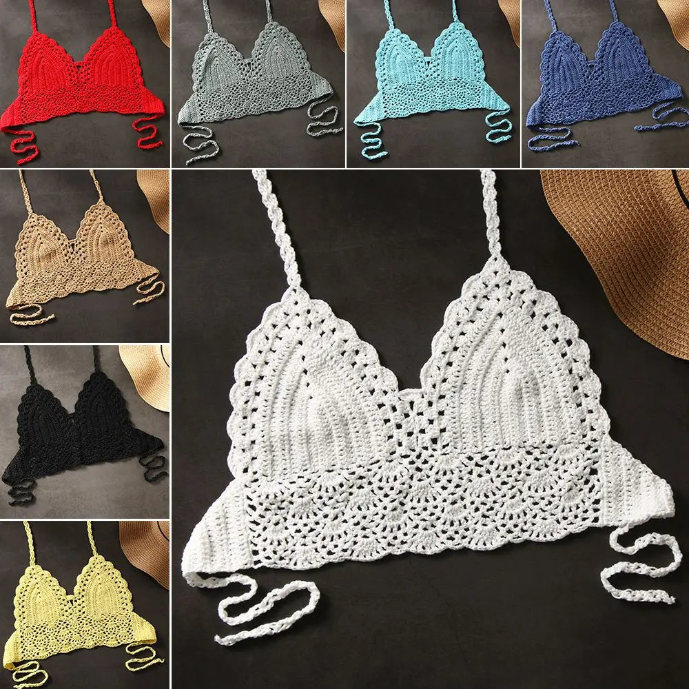 Women Summer Sexy Bikini Crochet Crop Top Boho Beach Camisoles Knit Bralette Bra Halter Neck Vest Holiday Beachwear