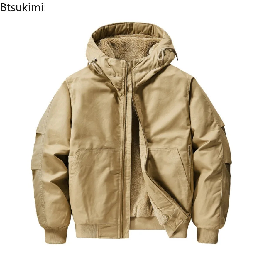 New 2026 Men's Thicken Warm Cotton Jackets Autumn Winter Fleece-lining Loose Casual Hooded Cargo Coats Men Parkas Jackets M-6XL