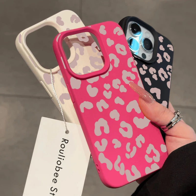 For iPhone 18 17 16 15 14 13 12 11 Pro Max Case Pink Leopard Print Lichee Pattern Silicone Cover For iPhone XS XR 16 Plus Fundas