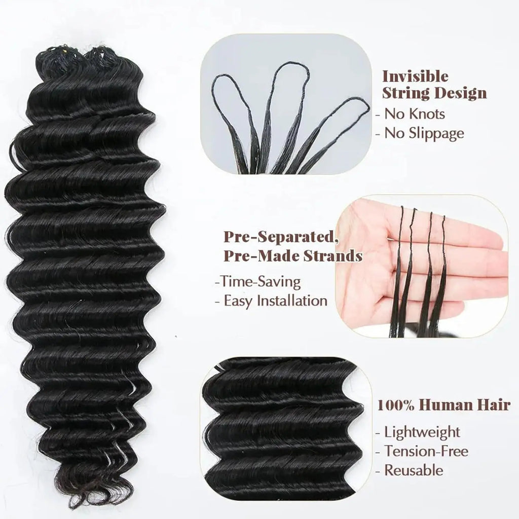 Feather Crochet Human Hair Miracle Knots Pre-divided Human Crochet Hair Bundle Knotless Deep Wave Boho Braids Crochet Human Hair