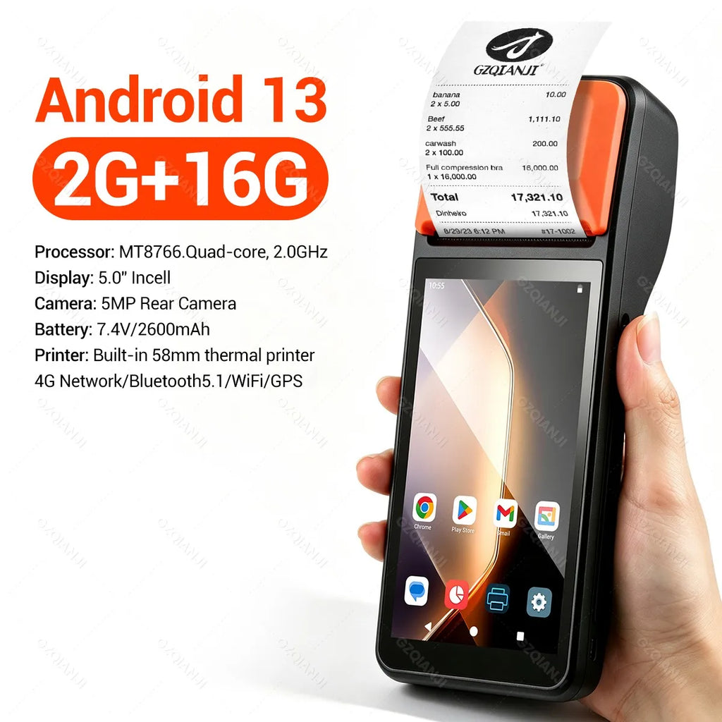 Android 14/13/11 3G 4G Handheld POS Terminal With 58mm Thermal Printer 1D 2D Scanner NFC Reader RAM3GB ROM32GB Mobile Device