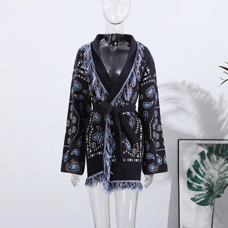Casual Print Tassel Cardigan Women Elegant Belt V-neck Long Sleeve Knitted Sweaters Female 2026 Autumn Winter Knitwears Lady
