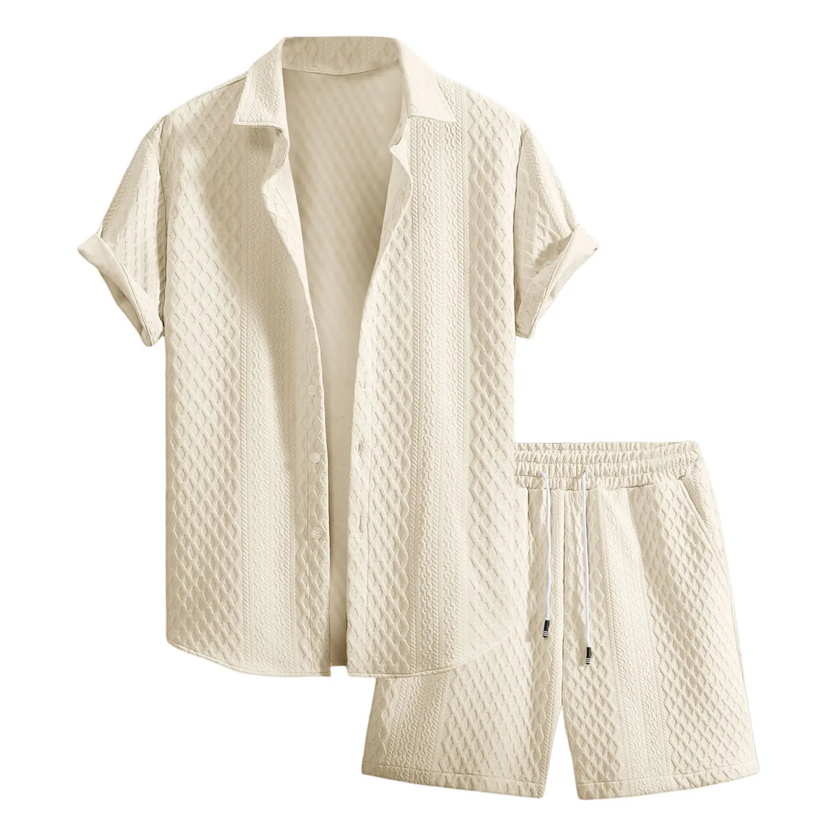 2025 Men'S Clothing Casual Two Piece Set Loose Plus Size Solid Button Down Short Sleeve Shirt & Elastic Waist Belted Shorts Suit