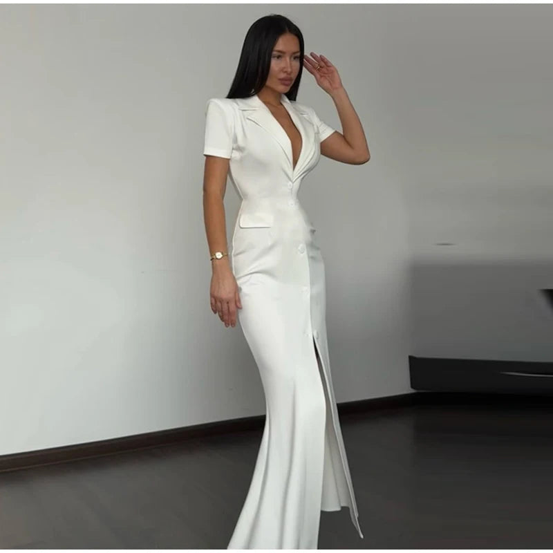 Fashion Lapel Short Sleeve Dress Women's Solid Color Single Breasted Slit Midi Dresses 2026 Summer New Lady Elegant Office Wear
