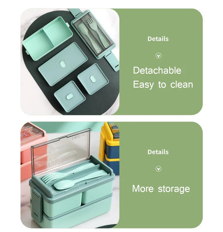 Double Layer Portable Lunch Box For Kids With Fork and Spoon Microwave Bento Boxes Dinnerware Set Food Storage Container