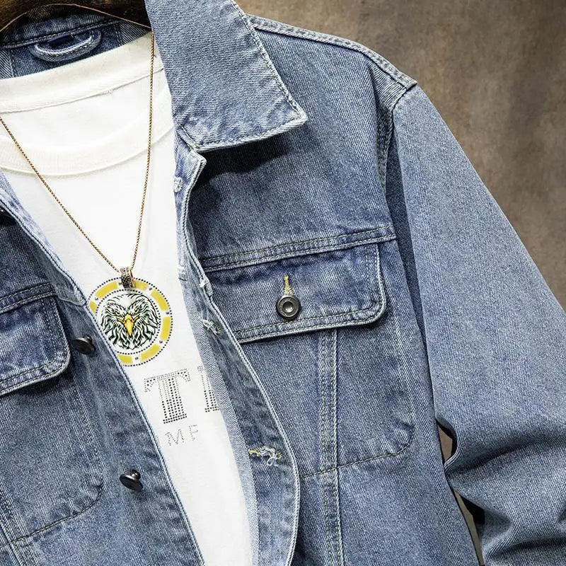 American Stylish blue/black Vintage Denim Jacket for Man Loose-fitting Workwear Jacket Men's Autumn-winter Top