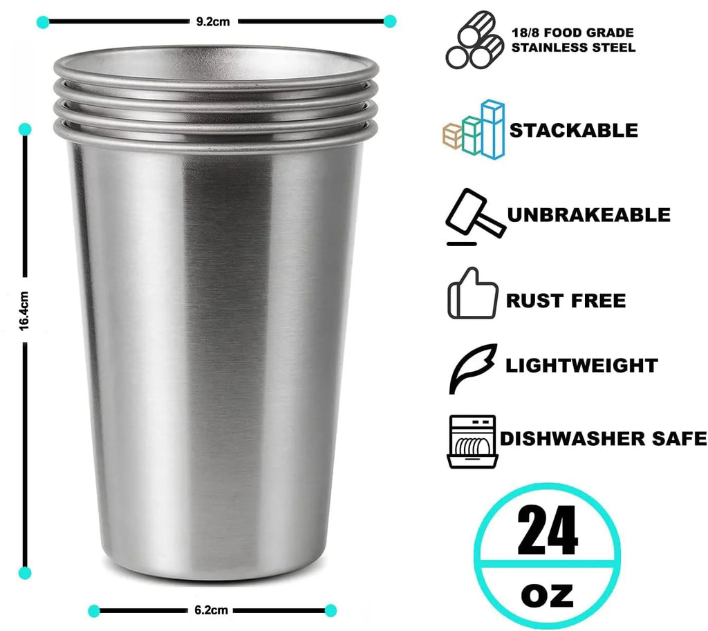 4 Pack 24oz 700ml Stainless Steel Pint Cup,Healthy Unbreakable and Stackable,Metal Drinking Glasses