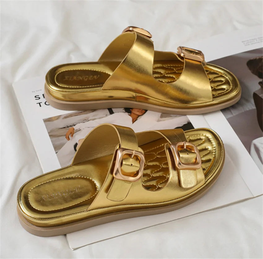 Casual Slippers Women PU Leather Open Toe Double Buckle Flat Summer Outdoors Non-Slip Soft Soles Slip On Beach Footwear Slippers