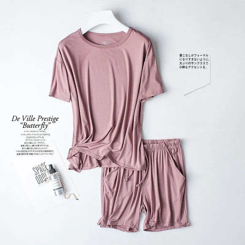 2026 Summer New Pajama Set Women's Modal Short Sleeve Shorts Two Piece Set Ladies Solid Loose Large T-shirt Homewear Women Shirt