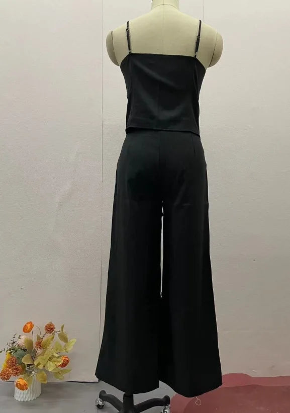 Summer Leisure High Street Outfit Office Lady Solid Color Slim Two Piece Set Chic Sleeveless Bandage Tank Tops&Pocket Pants Suit