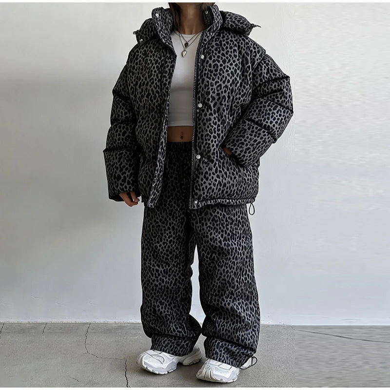 Leopard Print Women's Winter Down Jacket Pant Set Hooded Full Sleeve Zipper Jacket Elastic Waist Pants 2026 Warm Padded Coat Set