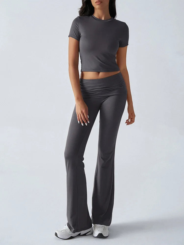 Women's Sexy Tops Suits 2026 Summer Latest Casual Solid Color Yoga Suit Slim Fit Sports Short Sleeved Pants Two-Piece Set Outfit
