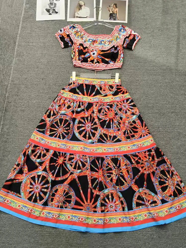 Retro geometric print sexy one neck short pullover two-piece set for 2026 summer women's clothing+elastic waist loose skirt set