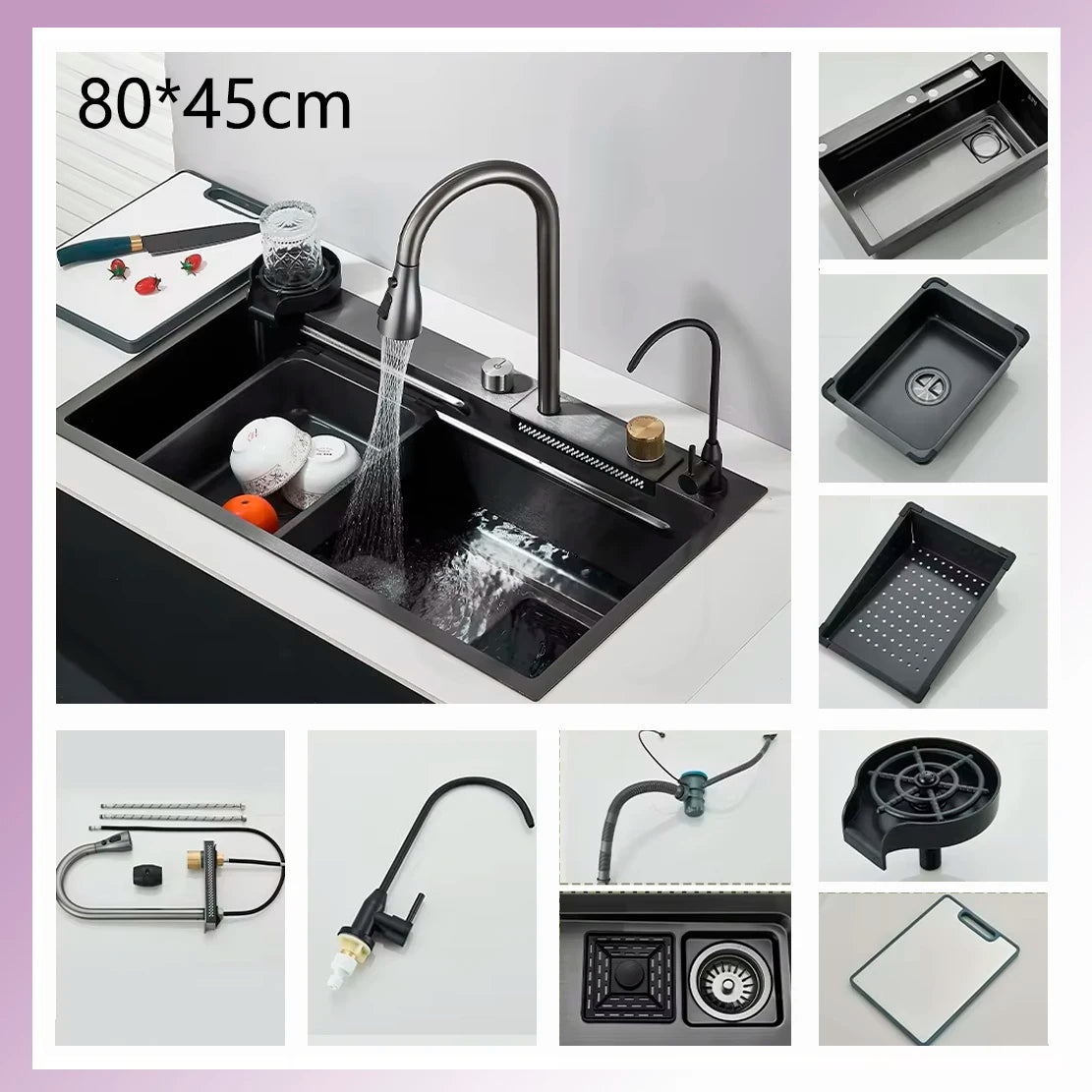 Kitchen Sink Faucet Large Integrate Digital Display Multi-Function Buttons Waterfall Soap Dispenser Cup Washer Kitchen Sink