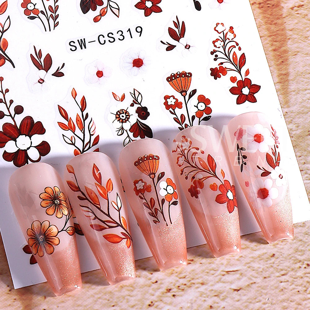 4pcs Autumn Winter Nail Art Stickers 3D Brown Maple Leaf Coffee Pattern Nail Decal Adhesive Slider Manicure Decorations Supplies