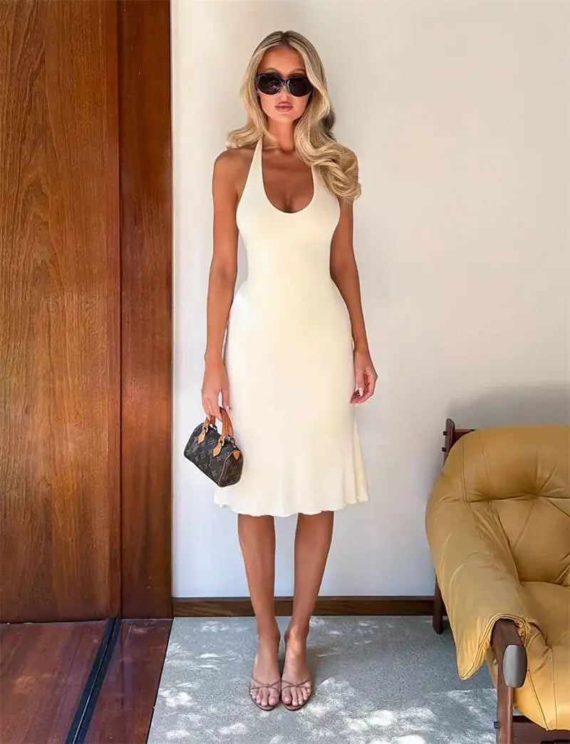 Mozision Women Halter Deep V Neck Midi Dress Sleeveless Backless Bodycon Ruffle Hem Long Dress Elegant Club Party Evening Dress