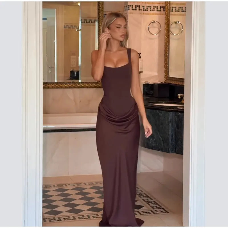 Solid Pleated Sling Dress Women Square Neck Sleeveless Backless Waist Cinching Bodycon Dresses Lady Summer Evening Party Gowns